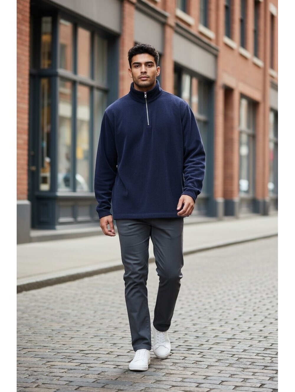 Basic Red Men's Dark Blue Corduroy Quarter-Zip Pullover Sweater – Size XL